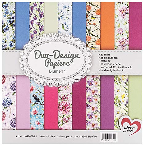 Ideen mit Herz Duo-Design-Papiere | Block mit 20 Blatt Bastelpapier | 25 x 25 cm | 250g/m² | beidseitig bedruckt | Designpapier, Motivpapier | ideal für Scrapbooking, Basteln (Blumen 01)
