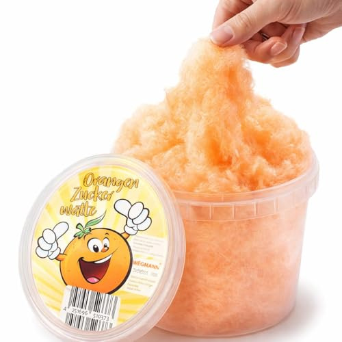 Zuckerwatte Orange im Eimer – Jahrmarkt-Feeling für Zuhause | Perfekt für Kindergeburtstag & Party | Luftig & Fruchtig | 50 g Premium Zuckerwatte von Wegmann