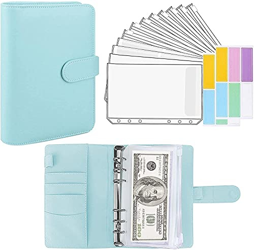 A6 Ordner, A6 Binder Budget Notizbuch, nachfüllbar Notebook Binder, 12 Stück transparente PVC-Umschläge Taschen, Geld Organizer für Bargeld mit Etiketten-Aufklebern