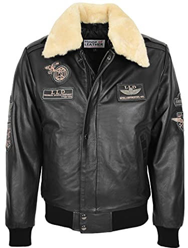 Giacca da uomo in vera pelle bomber con colletto staccabile stile aviatore pilota-N, Nero , L
