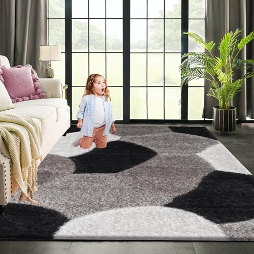 B&B Stylish Large Area Rugs For Living Room - Non Shedding Dense Pile Shaggy Rug For Bedroom Kitchen Carpet Runner Non Slip Floor Mat - Black Grey Silver-Pona, 160 x 230 cm