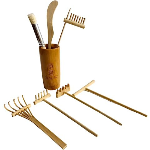 ZEN&TAO Natural Bamboo/Wood Made Miniature Seven-Pieces Zen Garden Toolset Accessories with a Signature Bamboo Holder for Meditation, Relaxation or Gift