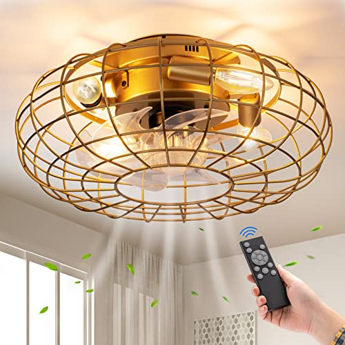 NookNova Ceiling Fan with Lights, 16 Inch Caged Ceiling Fan Lights Remote Control Small Industrial Ceiling Fan Light Fixture Flush Mount Farmhouse Light 8 Speeds Bladeless Lights for Bedroom Kitchen