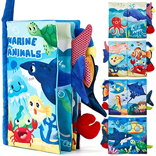hahaland Libro Tattile 0 3 6 Mesi - Libri di Stoffa di 12 Animali Marini con Parti Sensoriali Interattive - Primi Giochi attività per Tummy Time Bimbo Bimba