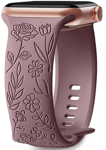 Armband med blomgravyr kompatibelt med Apple Watch 38 mm 40 mm 41 mm 42 mm 44 mm 45 mm 49 mm för män och kvinnor, mjukt silikonmotiv, elegant blommönster rosa för iWatch Series SE 8, 7, 6, 5, 4, 3,
