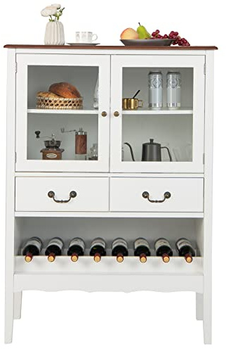 COSTWAY Buffet de Cuisine à 2 Portes Vitrées avec 2 Tiroirs Porte-Bouteilles, Meuble de Rangement Étagère Réglable Dispositif Anti-basculement pour Salon, Entrée, Cuisine, 90x40x126,5cm (Blanc)