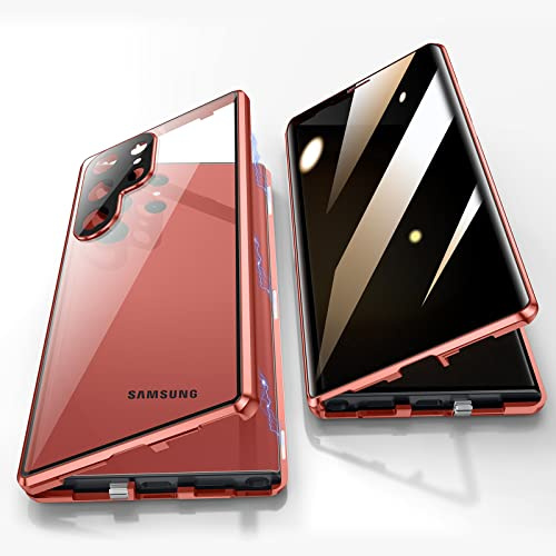 Jonwelsy Anti Peeping Hülle für Samsung Galaxy S23 Ultra, 360 Grad Schutz Case, Privatsphäre Gehärtetes Glas Anti-Spähen Cover, Stark Magnetische Adsorption Metallrahmen Handyhülle (Rot)