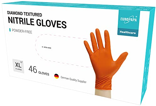 EUROPAPA® 46 PCS Extra Thick Nitrile Gloves Diamond-Grip Heavy Duty Mechanics Disposable Gloves, in Black and Orange, Powder-Free, Latex-Free (Orange, XL)