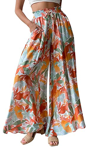 Odizli Damen Elegant Boho Blume Chiffon High Waist Locker Palazzo Lang Weite Hose Strandhose Sommerhose
