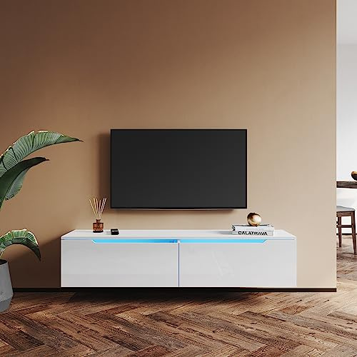 SUNXURY TV Board, TV Lowboard, mit 12 Farben LED Beleuchtung, TV Schrank Hochglanz Weiß, 140 x 35 x 30 cm Holz