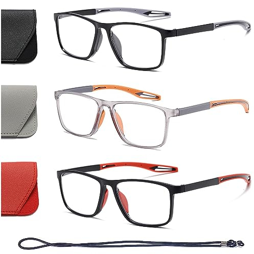 Hubeye TR90 Sports Reading Glasses for Men and Women Square Comfortable Flexible Blue Light Blocking Computer Reader (Black+Orange+Red, 2.50)