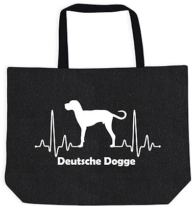 Merchandise for Fans Einkaufstasche Umhängetasche Schultertasche Baumwolltasche Shopper - schwarz - für Schule, Arbeit, Einkauf: Herzschlag EKG Hund Deutsche Dogge 01