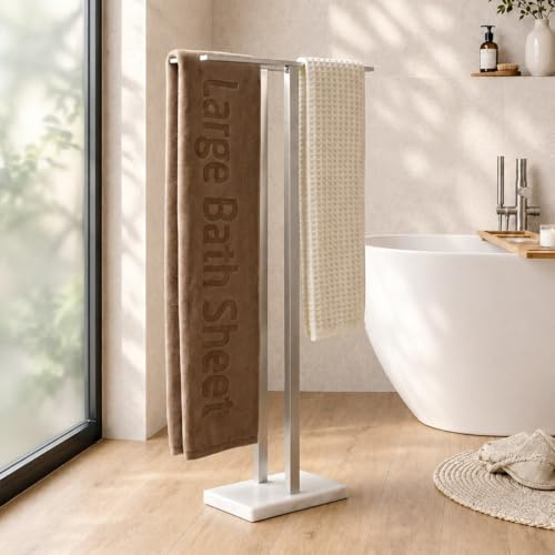 KES Standing Towel Rail Free Standing Towel Rack Bathroom Floor with Weighted Marble Base 2-Tier, Extra High Thick Double Bath Towel Holder 18/8 Stainless Steel Brushed, BTH232-2