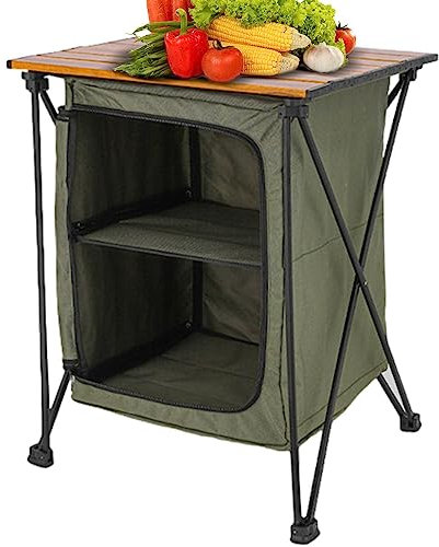Campingskåp, grönt campingköksskåp, campingbord med förvaringsskåp, lägerskåp med 2 hyllor, enkelt att installera campingbord, vikbart campingförvaringsskåp, utomhus matlagningsförvaringsskåp