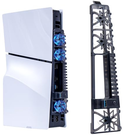 PS5 Slim Cooling Fan, 3-Speed Triple Fans with RGB Light & USB 3.0 Port | PS5 Slim cooling fan uses triple rear fans, 3 speed modes, RGB lighting and USB 3.0 expansion for Disc and Digital editions
