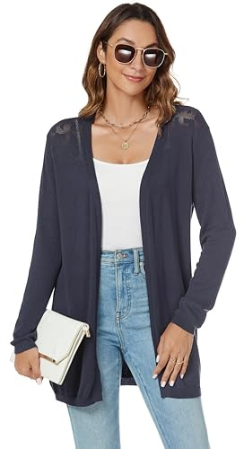 Famrrifuu Donna Cardigan Cotone Lungo Leggero Maniche Lunghe Aperto Davanti Elegante Casual Cardigan,Blu Scuro,L