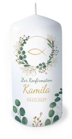 Kerze Konfirmation individuell mit Namen als Tischdeko. Tischdekoration Konfirmation als Geschenk personalisierbar. Liebevolle Kerze Taube Frieden Tiere Brenndauer: 35 Stunden, Ø6 x Höhe 16,5 cm