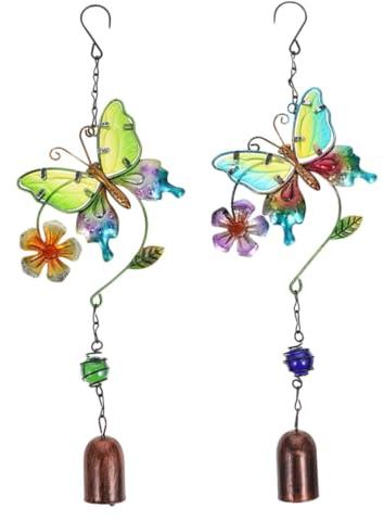 POPETPOP 2pezzi Decorative Wind Chime Glass and Metal for Outdoor Balcony Decor Hanging Pendant with Floral Accents