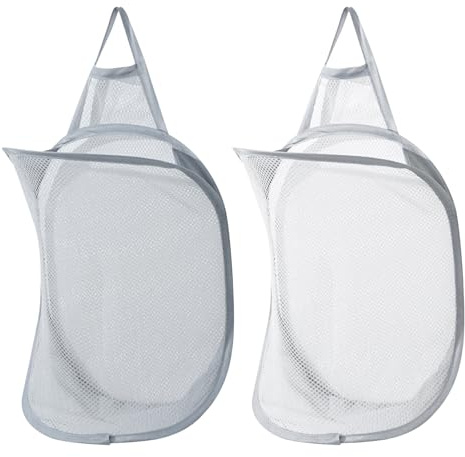 Hwtcjx Wäschekorb Hängender, Faltbarer Laundry Basket, Weiß, Grau, 2 Stück | Hänge Netzkorb Bewahren Zusammenklappbar Hängend Speicher Korb, Wand-Wäschekörbe aus Mesh für Heim Reisen Badezimmer