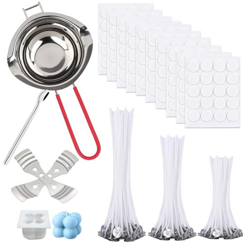 Scentoria Kerzen Selber Machen Set, Kerzenherstellung Kit, Wachsschmelztopf und 150 Kerzendochte, Docht Halter, Docht Aufkleber, Löffel, Candle Making Kit für Erwachsene und Kinder(1)