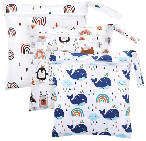 Kaisibum 3 Stück Wet Bag Kindergarten,28 * 30CM wasserdichte Wetbag,Wiederverwendbare Nasstaschen mit Reißverschluss,Nassbeutel Kindergarten für Baby Reisen Unterwegs