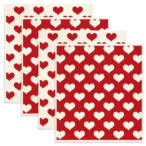JarThenaAMCS 4Pcs Valentine's Day Swedish Dishcloths Red White Heart Cotton Kitchen Towels Absorbent Dish Towels for Home Party Housewarming Cleaning, 6.7 x 7.7 Inch