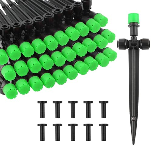 Kalolary 30 Pcs Drip Irrigation Emitters with Stake, Push-to-Fit Adjustable Irrigation Dripper for 1/4 inch Irrigation Tubing, Irrigation Dripper Sprinkler for Drip Irrigation System (8 Holes, Green)
