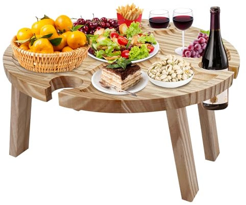 WIYETY Tavolo pieghevole in legno per picnic: portatile con porta bicchieri da vino rosso, giardino rotondo, campeggio, viaggi, spiaggia