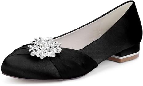 smlekwc Zapatos De Vestir De Novia con Punta Redonda Cerrada para Mujer Zapatos De Novia De Satén Sin Cordones Bailarinas De Tacón Bajo con Diamantes De Imitación,Negro,39 EU
