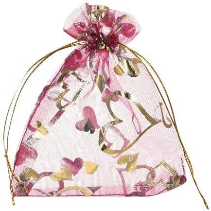 sourcing map Organza-Beutel, 8,9 x 11,9 cm, durchsichtige Herz-Netzbeutel mit Kordelzug, Geschenkbeutel, Großpackung, Partybeutel, Schmuckbeutel für Hochzeit, Süßigkeiten, Valentinstag (Rosarot-Gold