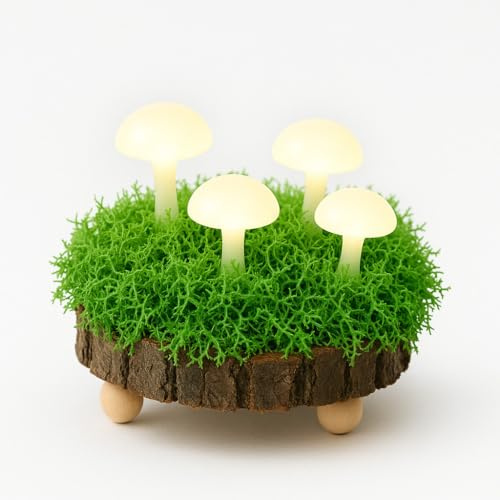 AraToka Lámpara de seta hecha a mano, luz mágica del bosque para niños y adultos, con musgo real, LED y madera natural, inalámbrica y funciona con pilas