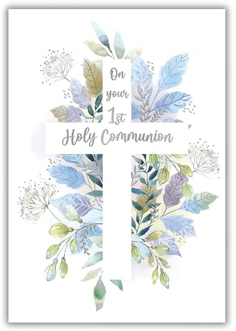 IC&G First Holy Communion Congratulations Card - Communion Congratulations Card with Botanical Floral Cross Design and an Embossed Foil Finish