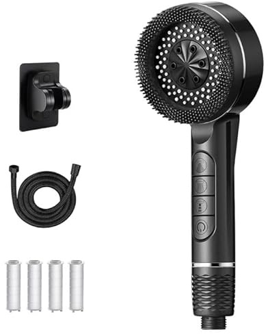Pommeau de Douche Haute Pression,Pommeau de Douche Filtre Anti-Calcaire à Cartouche Remplaçable, avec Tuyau Douche 1.5M+4 Types de Jets Pommeau Douche Economie Deau avec Bouton D'arrêt D'eau, Gris