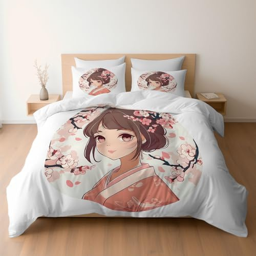 Housse de Couette Style Anime Japonais Fille Fleur de Cerisier 90 x 190 Blanc, Réversible Parure de Lit 1 Personne en Microfibre Souple, Linge de Lit Fermeture éclair Taie d'oreiller 65x65 cm