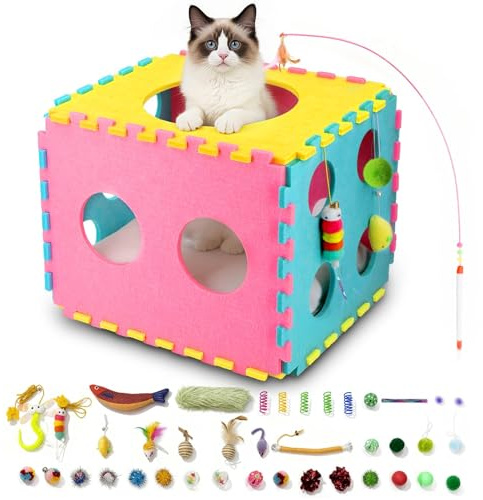 MOYMO 41 Pcs Interactive Cat Toys for Indoor Cats, Kitten Toys with Soft Pillow, Catnip Toys, Chew Rope, Feather Wand, Springs and Balls for Indoor Kittens