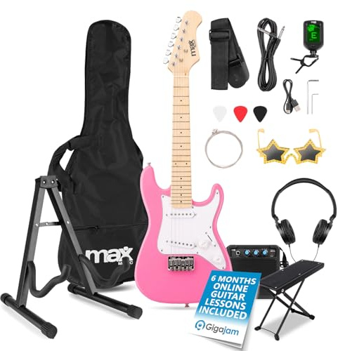 MAX GigKit Junior Electric Guitar 1/4 Size Practice Pack – Pink, Complete Beginner Set with Amplifier, Footrest Stand, Guitar Stand – Ideal for Kids & Children Learning, Mini Student Guitar Kit