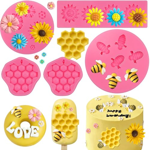 5 Pcs Bee Silicone Mold, Honey Comb Silicone Mold Flower Chocolate Molds Bee Honeycomb Chocolate Mould for Fondant Candy Cake Decoration Cupcake Topper Dessert Decor Gum Paste Polymer Clay
