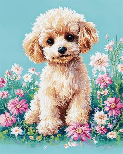 AYAOYANGGO Hunde Tiere Kreuzstich Set Welpe Und Blumen Diy-Kreuzstich-Sets Für Erwachsene Mit Nadeln，Scheren-Einfädler，Vordruck Für Die Wanddekoration Zu Hause 11CT 30x40cm