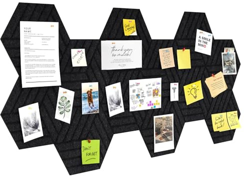 12 Stück Filz Pinnwand Selbstklebend,30×26 cm Hexagon Filzplatte Korkplatte für Foto Hängen, Wanddekoration & Moodboard,Geteiltes Design, ideal für Büro & Zuhause Schwarz