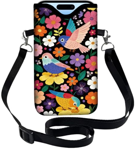 PRESSINART Floral Phone Pouch Phone Crossbody Sleeve Birds Colorful Nylon Neoprene Waterproof Cellphone Bag Case with Strap Neck Lanyard Protective Carrying Cover Fits Most Smartphones 7.1 x 3.9 Inch