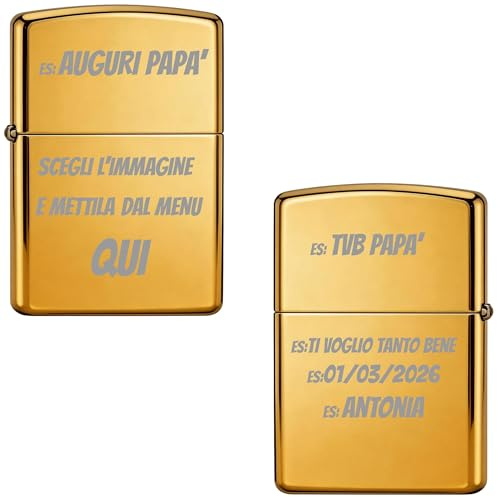 MENKËLL - Accendino Personalizzato in Metallo a Benzina - Nome, Iniziali o Logo, Incisione Laser Fronte/Retro - Stile Classico Vintage, Idea Regalo Per Ricorrenze - Made in Italy (Oro)