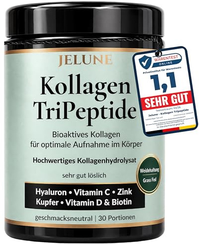JELUNE® Bioaktive Premium Tripeptide 500 Dalton Kollagen Pulver - Ultra-fein für hohe Aufnahme im Körper - Collagen Peptides Grass Fed - Mit Hyaluron Vitamin C Zink Kupfer Biotin & D3, 30 Portionen