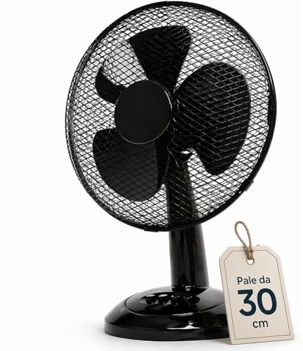 BAKAJI Ventilatore da Tavolo Diametro 30 cm con 3 Velocità Selezionabili, Funzionalità Oscillazione Automatica, Inclinazione Regolabile, Silenzioso, Ideale da Appoggio Autoportante, Nero