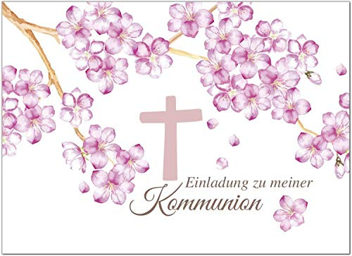 10 x Einladungskarten Kommunion mit Umschlag/Rosa Blüten mit Kreuz und Text/Kommunionskarten/Einladungen zur Feier