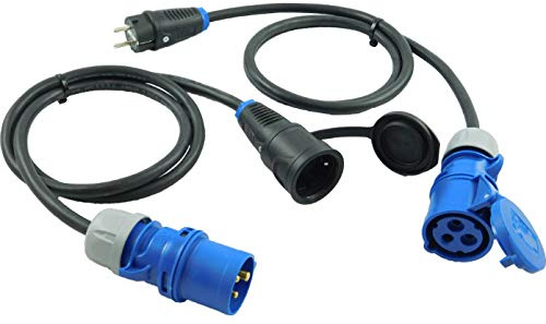 NWP Adapter SET 2-teilig 3-Pol CEE Stecker Kupplung auf Schuko Stecker Kupplung 230V 16A - 1,5m Anschlussleitung 3x2,5mm² Gummischlauchleitung - IP44