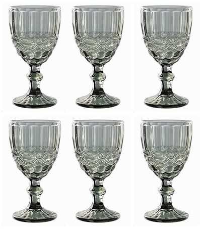 GMMH Lot de 6 verres à vin et verres à boire vintage colorés avec gaufrage en relief (nœud gris, verre à vin) calice, verres à eau, verres à long drink, verres à cocktail, verre