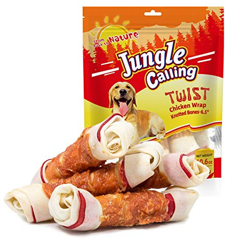 Jungle Calling Chicken Wrap Knotted Bones Dog Chews, Long Lasting Beefhide Treats Real Rawhide Bones for Large Dogs Edible Training Treats