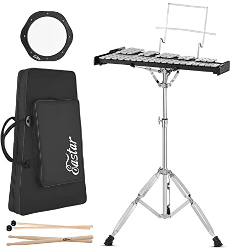 Eastar Advanced 32 Note Glockenspiel Xylofon Bell Kit nybörjare, slagverkskit med 20 cm trumövningsdyna, justerbart stativ, glockenspiel-pinne, trumpinnar och bärväska