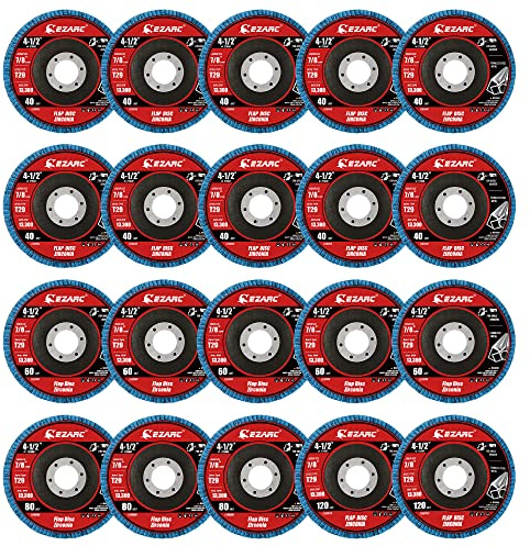 EZARC Zirkonoxid Fächerscheiben Set Ø 115 mm, 40/60/80/120 Korn, 20 Stück | Zirkonoxid, länger als Aluminiumoxid. Typ 29 Winkeldesign. Fiberglas-Kissen. Für Edelstahl, Metall und Holz, zum Entrosten