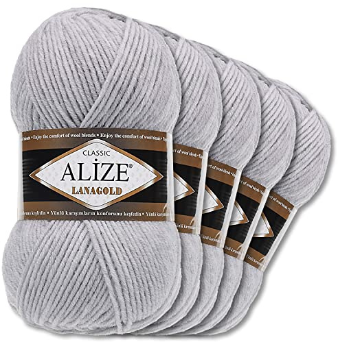 Wohnkult Alize 5 x 100 g Lanagold Wolle | 53 Auswahl | Stricken Häkeln Wolle (684 | Hellgrau Melange)